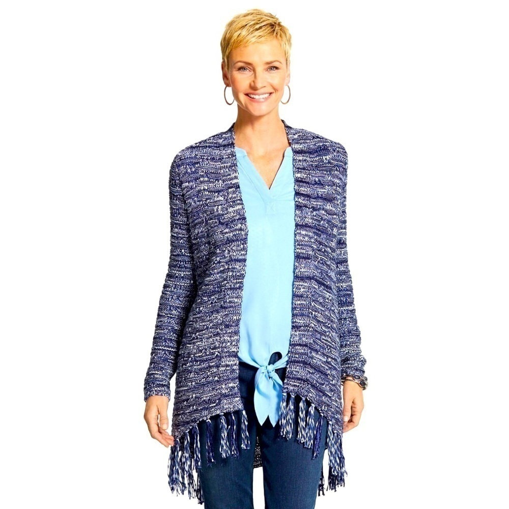Chicos blue marled nubby Cotton blend midweight cardigan with fringe large